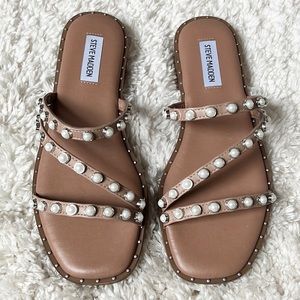 NEW Steve Madden Pearl Studded Strappy Square Toe Slide Brown Faux Leather